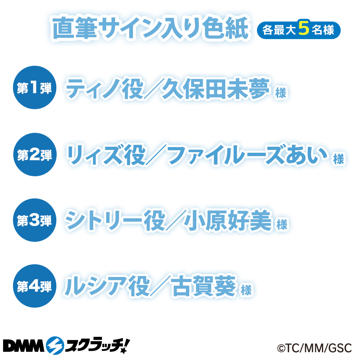 Wチャンス賞 直筆サイン色紙 ティノ役/久保田未夢様・直筆サイン色紙 リィズ役/ファイルーズあい様・直筆サイン色紙 シトリー役/小原好美様・直筆サイン色紙 ルシア役/古賀葵様